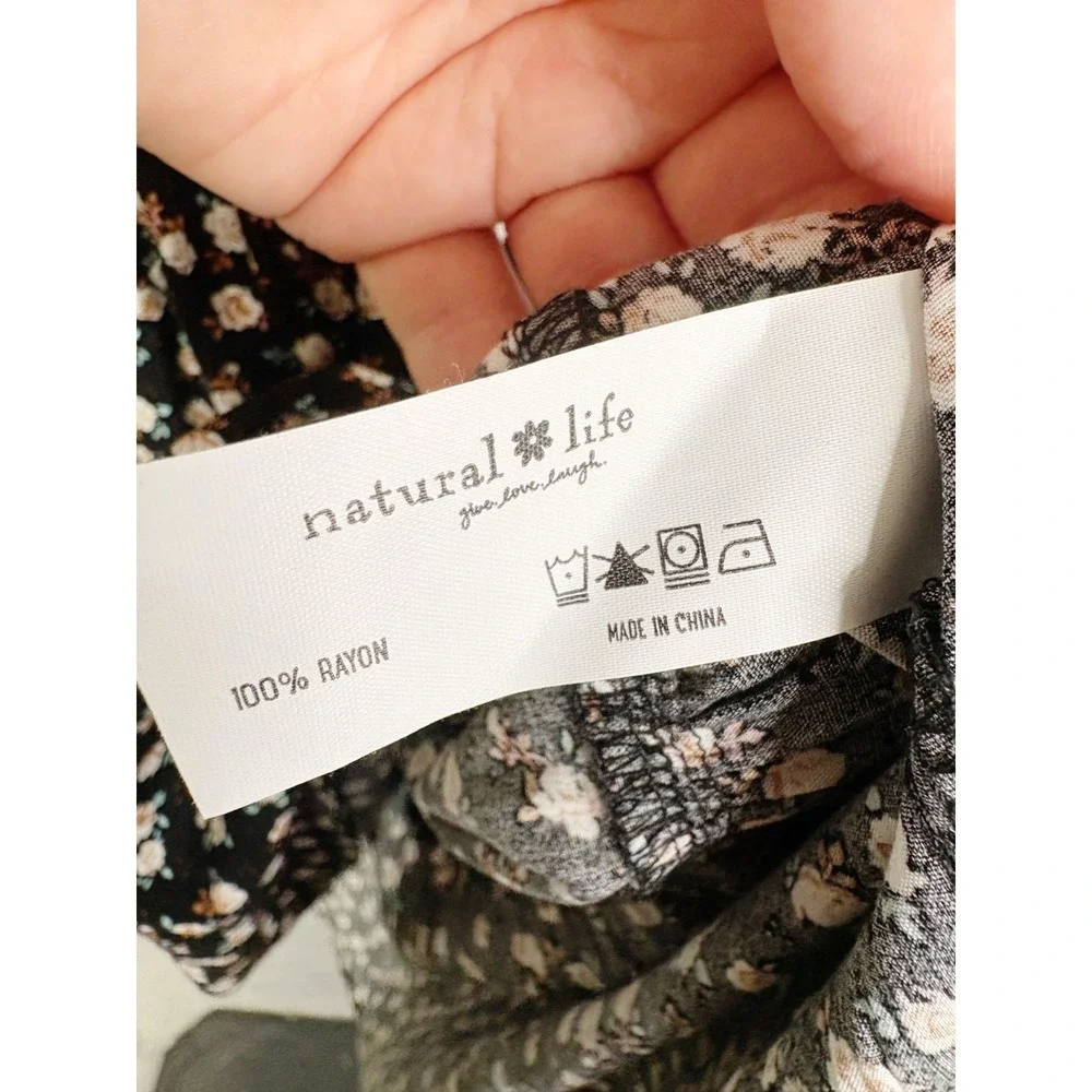 Natural Life Dress Womens Large Black Floral Maxi Tiered Pockets Boho Prairie